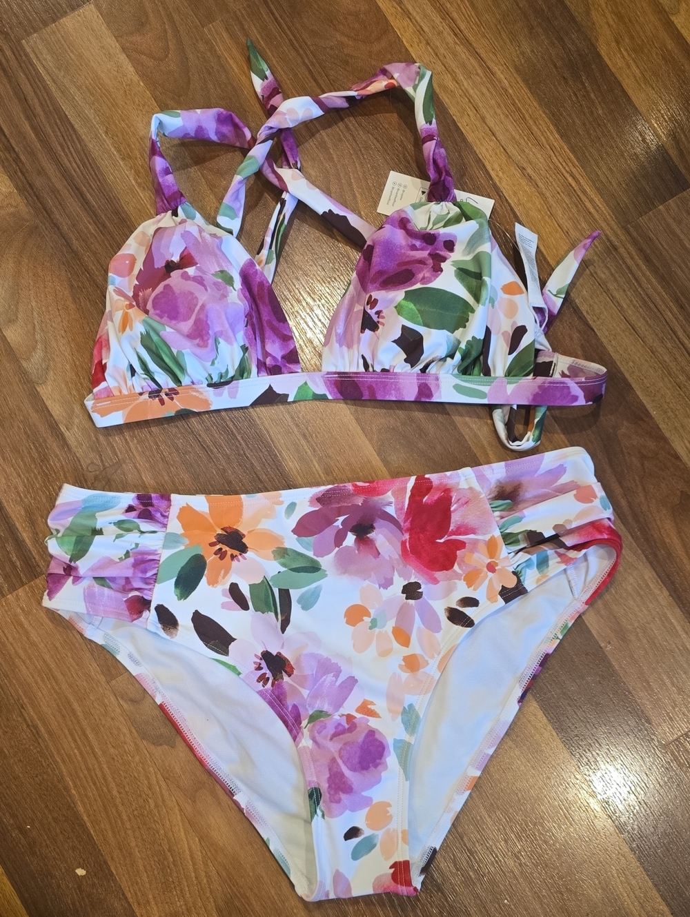 NWT Cupshe White Floral Bikini with Purple, Pink & Green Print Size Medium